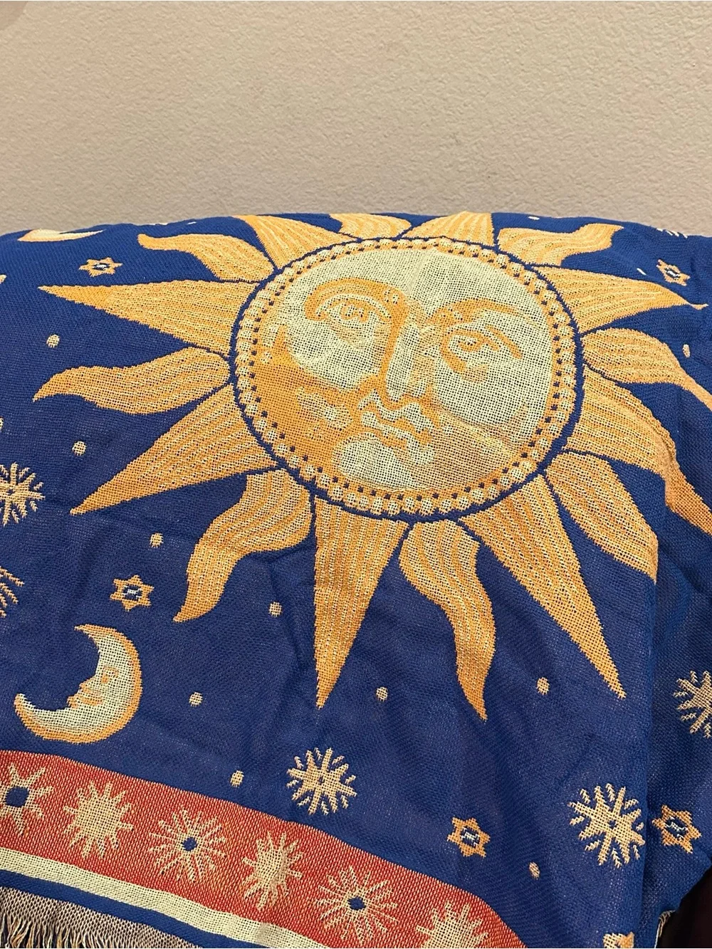 Sun and Moon Blue and Gold Tapestry Wall Hanging